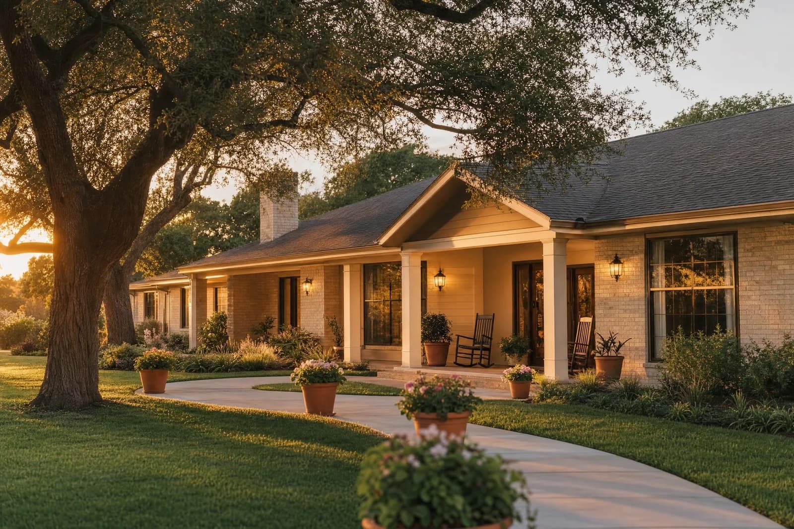 A single-story Texas residential group home in warm afternoon light