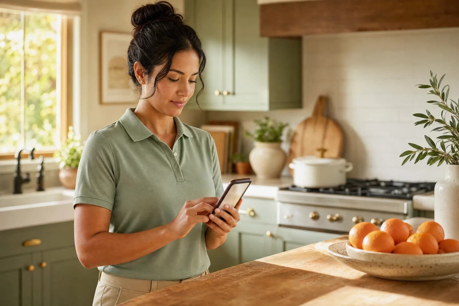 A direct support professional writing a note on a phone in a group home kitchen