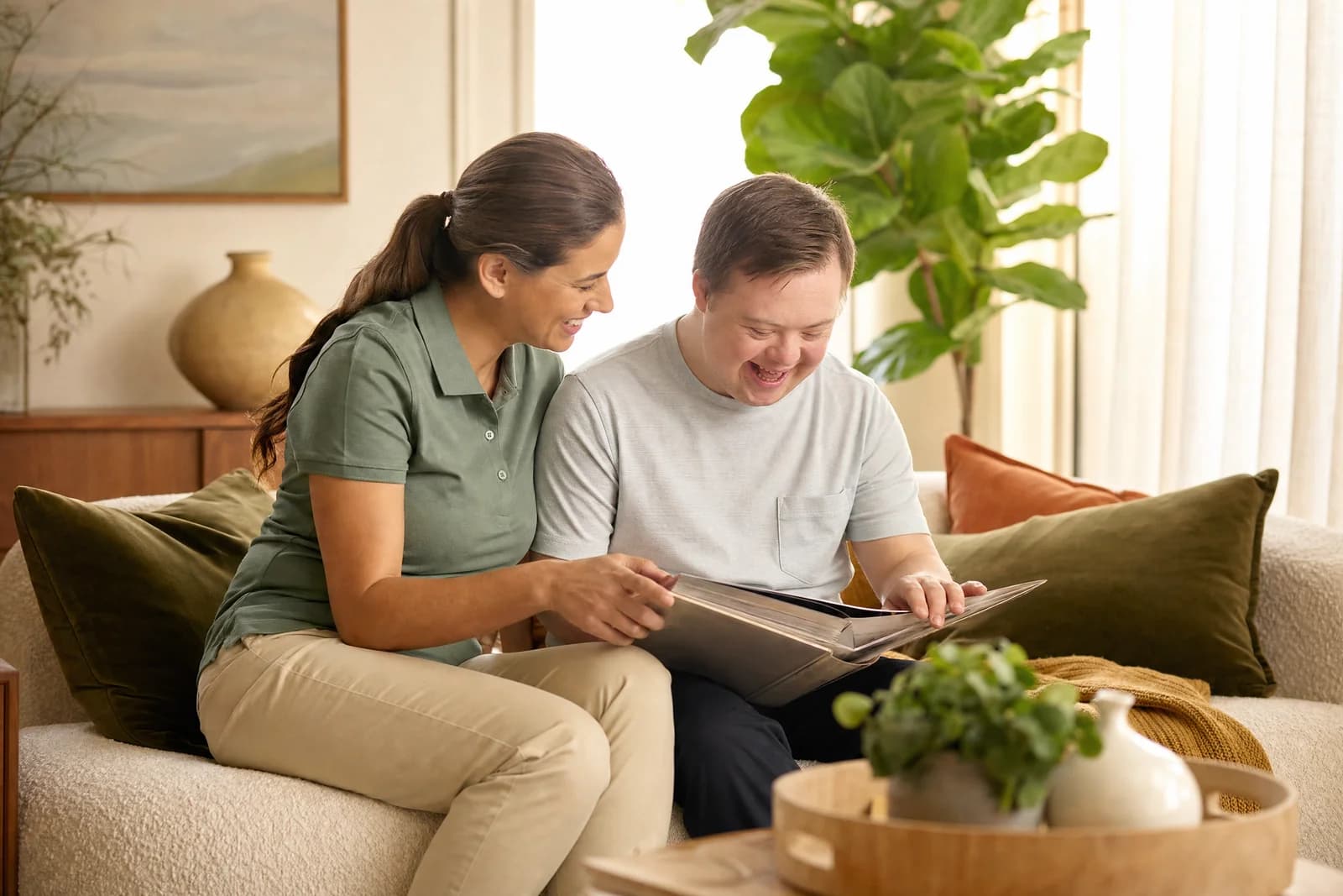 A direct support professional sharing a laugh with a resident in the living room of a group home